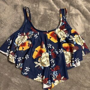 Floral Women's Swim Crop Top in Navy Blue